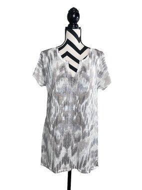 Kinross Sz L 100% Linen V-Neck Artsy Short-Sleeve Coastal Blouse